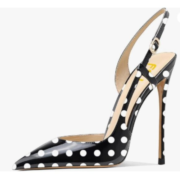 FSJ Black and White Dots Pointed Toe D'Orsay High Heel Slingback Pumps Sandals - Picture 1 of 8
